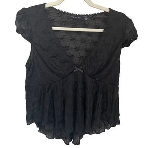 Mary & Mo Black Floral Lace Babydoll Peplum Top V-Neck Bow Accent XL Coquette